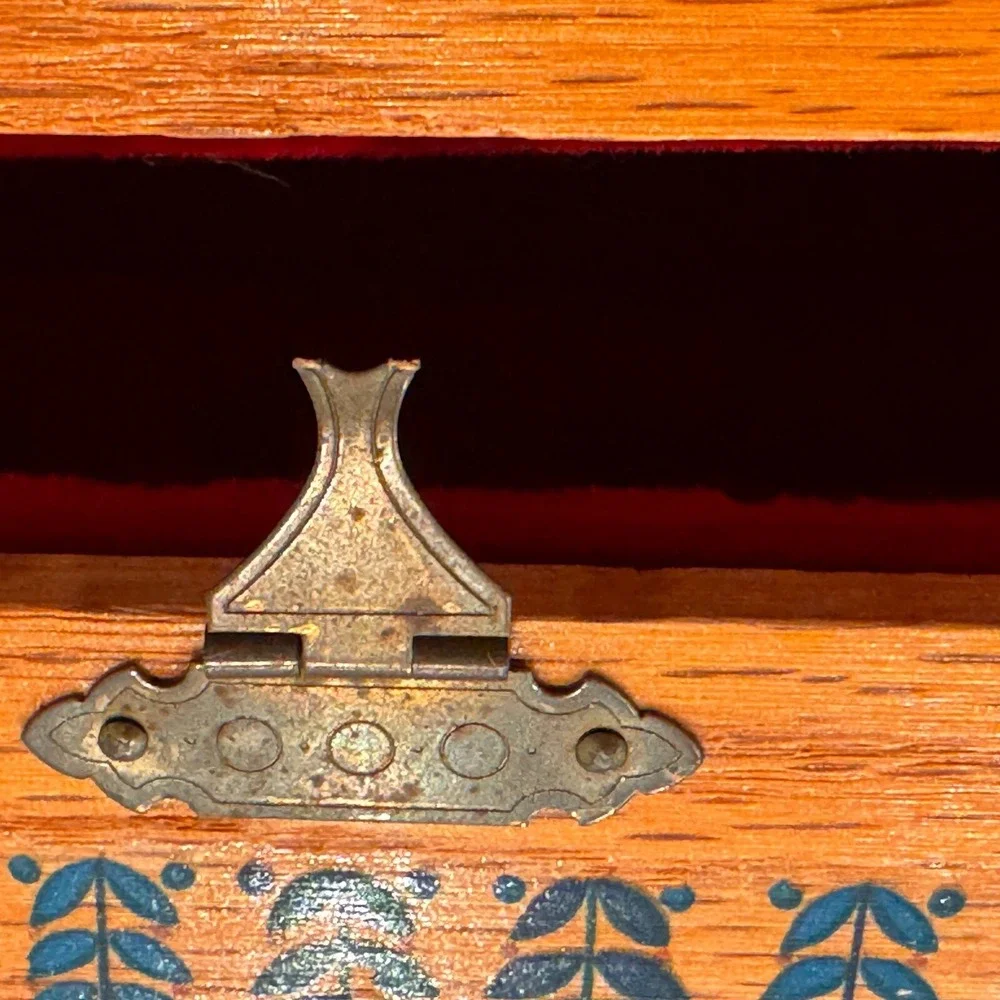 Vintage Wooden Jewelry Box Hinged Hidden Drawer Design Folk Art Detail‎
